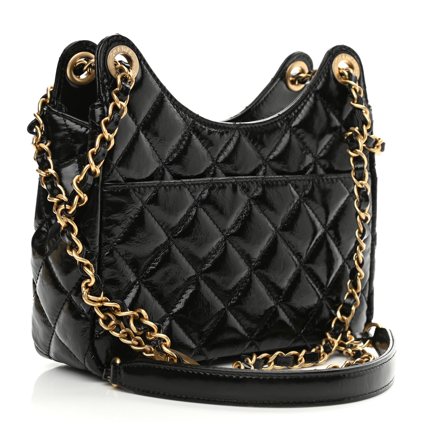 Shiny Crumpled Calfskin Quilted Small Wavy CC Hobo Black