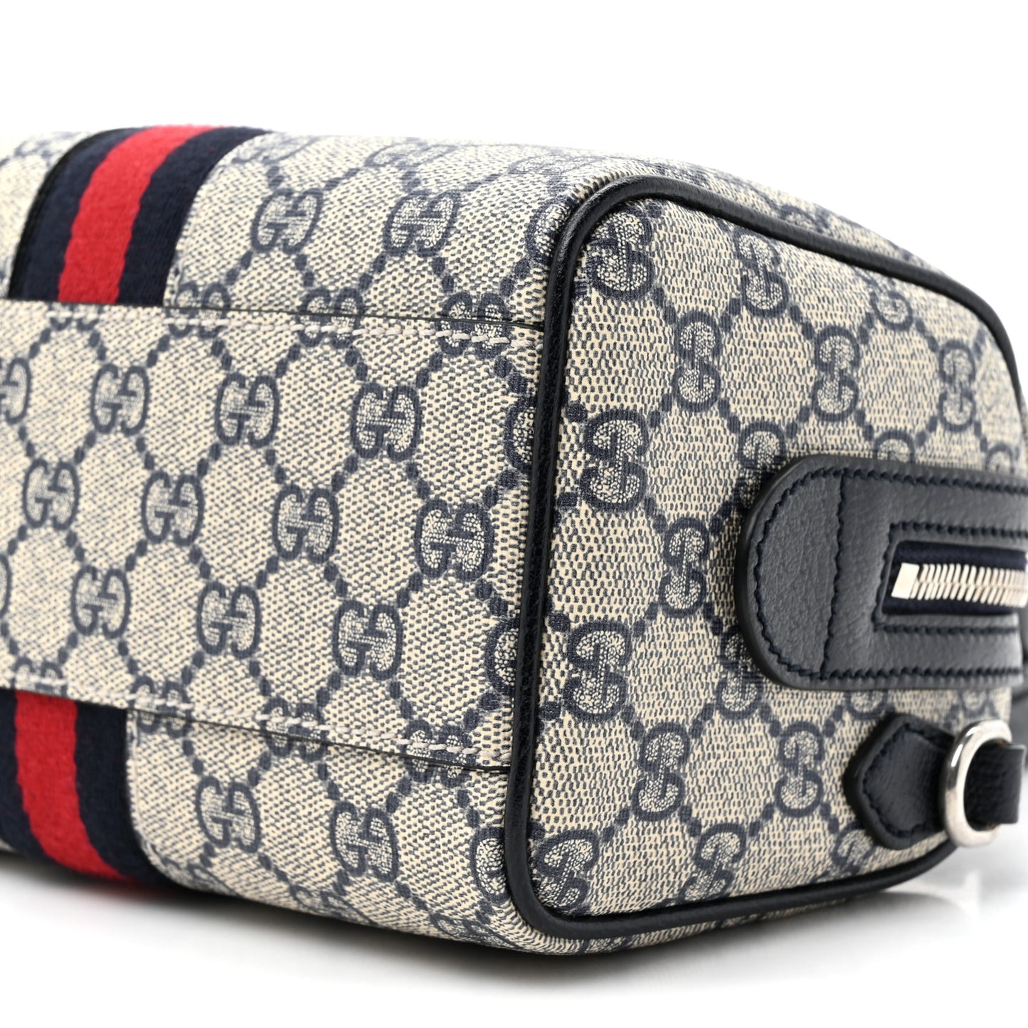 GG Supreme Monogram Textured Dollar Calfskin Web Mini Ophidia Top Handle Bag Beige Blue