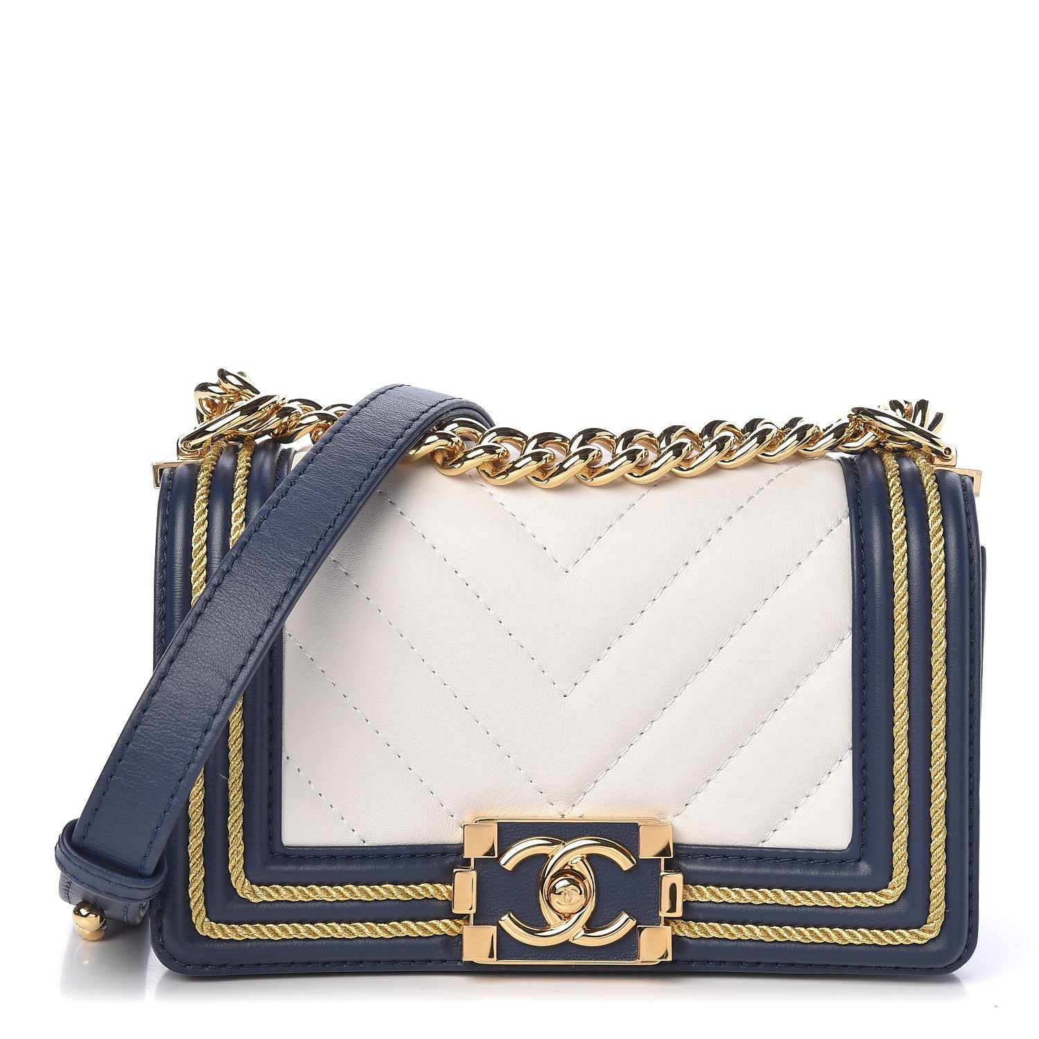 Chanel Calfskin Chevron Quilted Braided Small Boy Flap White Navy 1 of 12