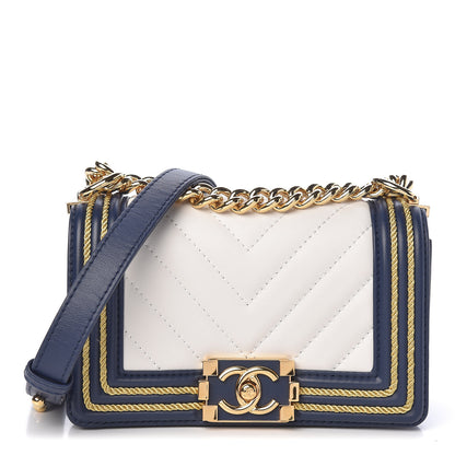 Chanel Calfskin Chevron Quilted Braided Small Boy Flap White Navy 1 of 12