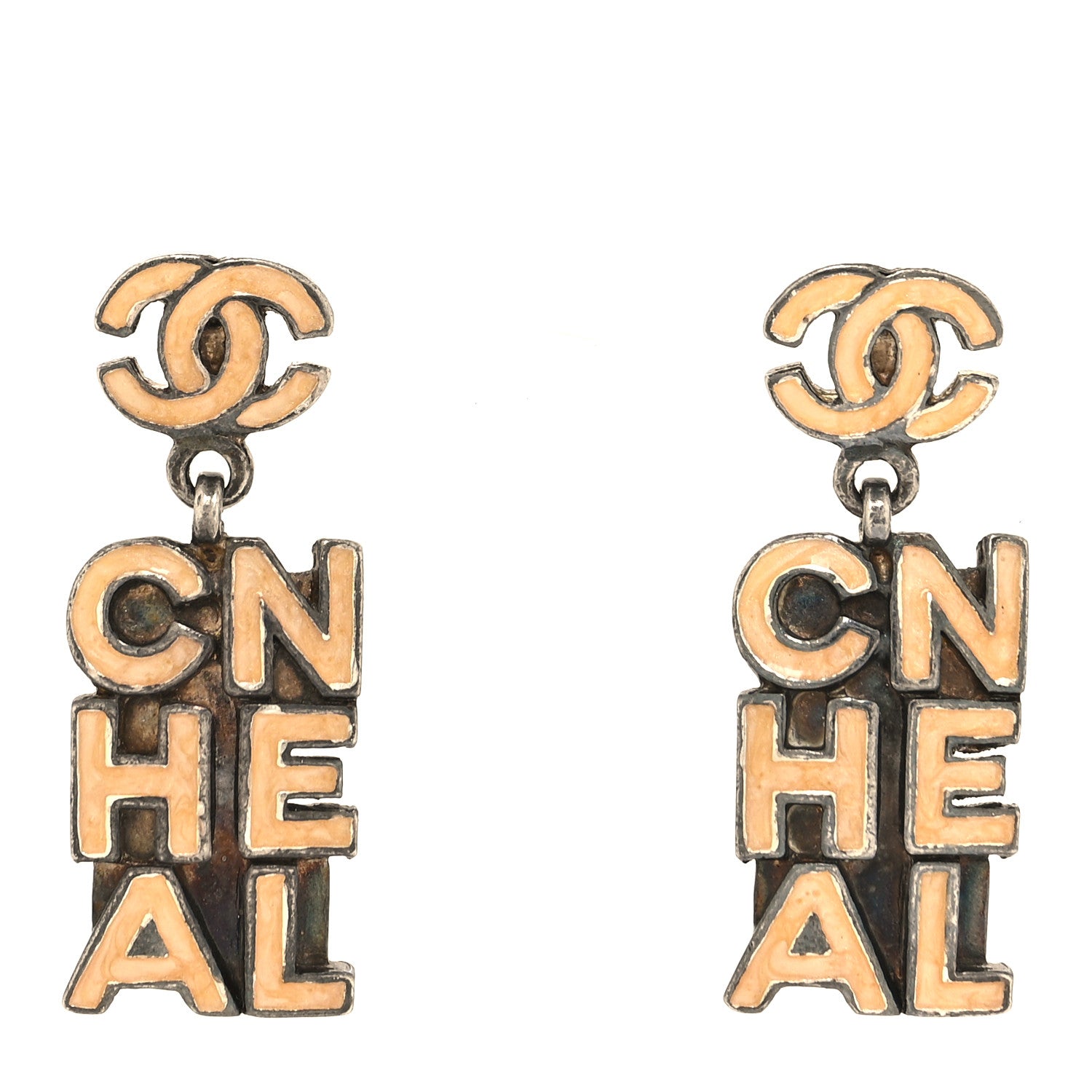 Chanel Metal Enamel Logo Drop Earrings Gold 1 of 5