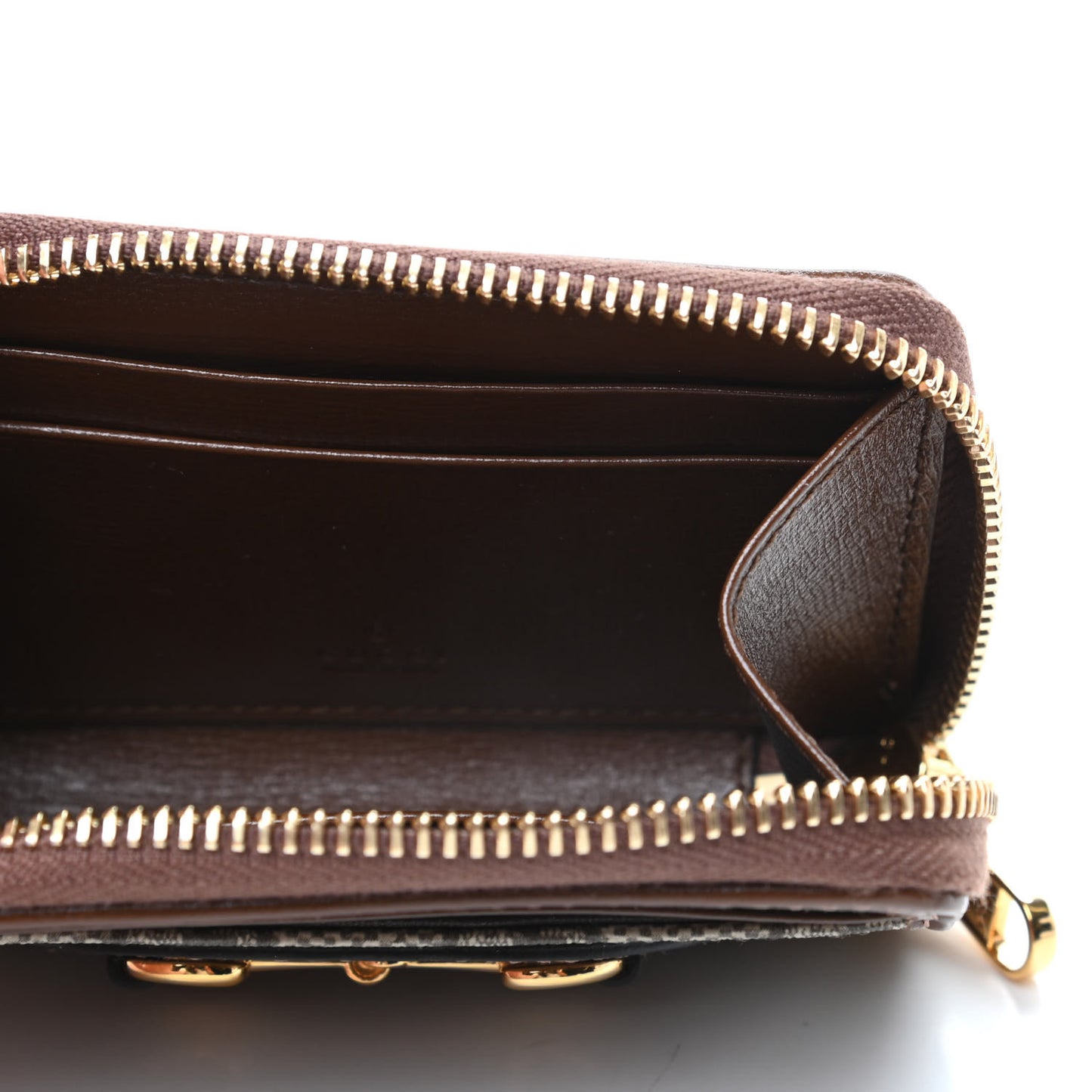 GG Supreme Monogram Azalea Calfskin Horsebit 1955 Zip Around ID Card Case Wallet Beige Ebony Brown Sugar