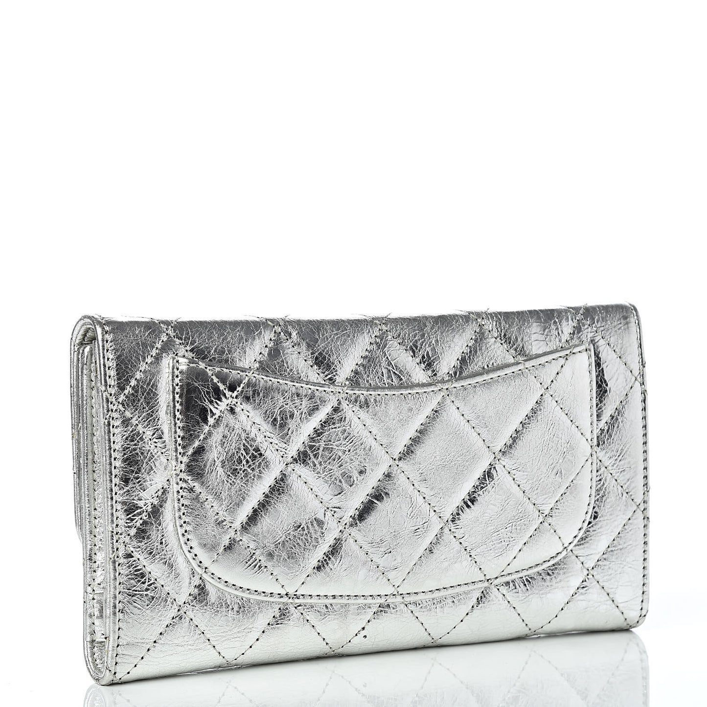 Metallic Aged Calfskin Quilted Reissue Long Flap Wallet Light Silver