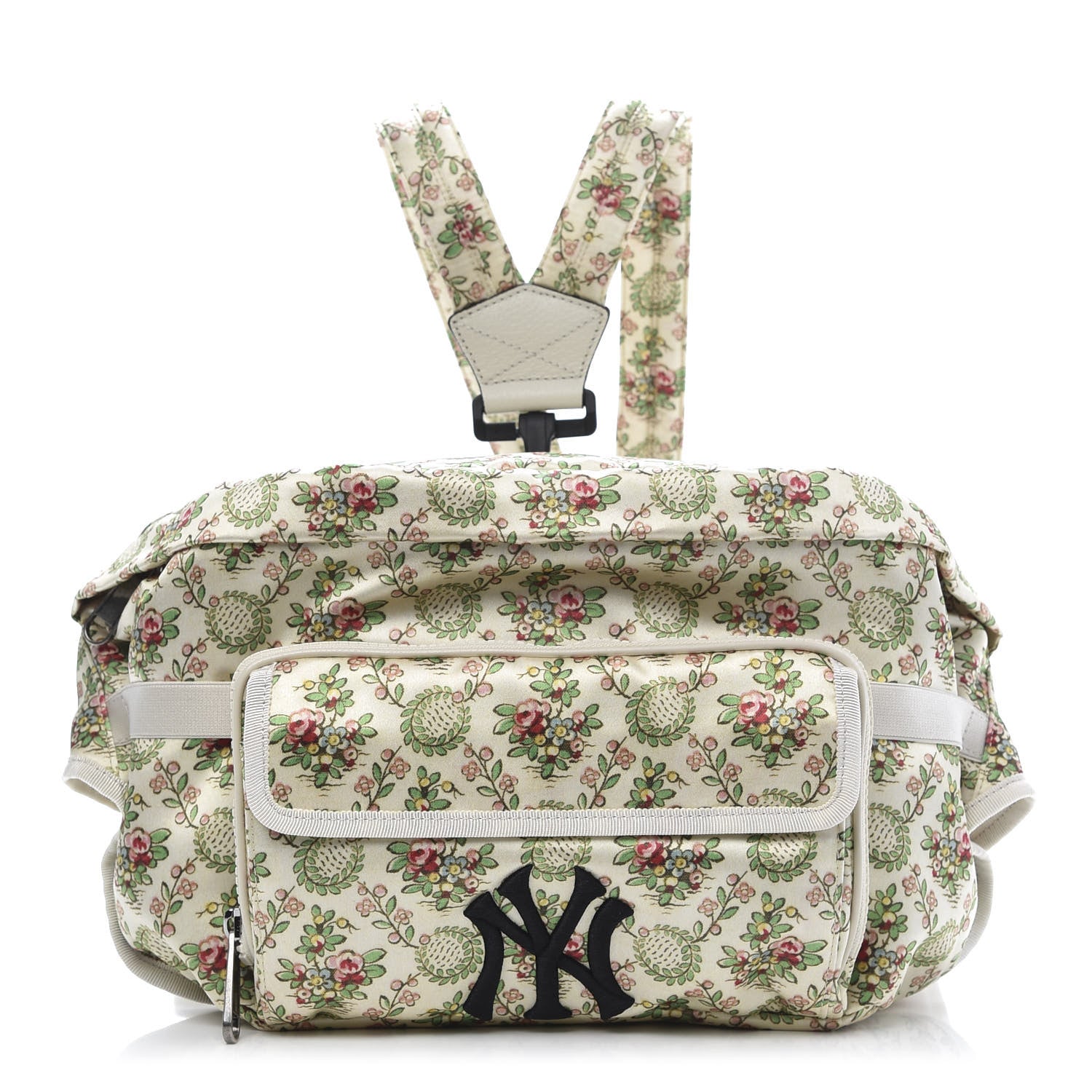 Gucci X MLB Satin Floral Print NY Yankees Patch Convertible Belt Bag Ivory Green 1 of 13