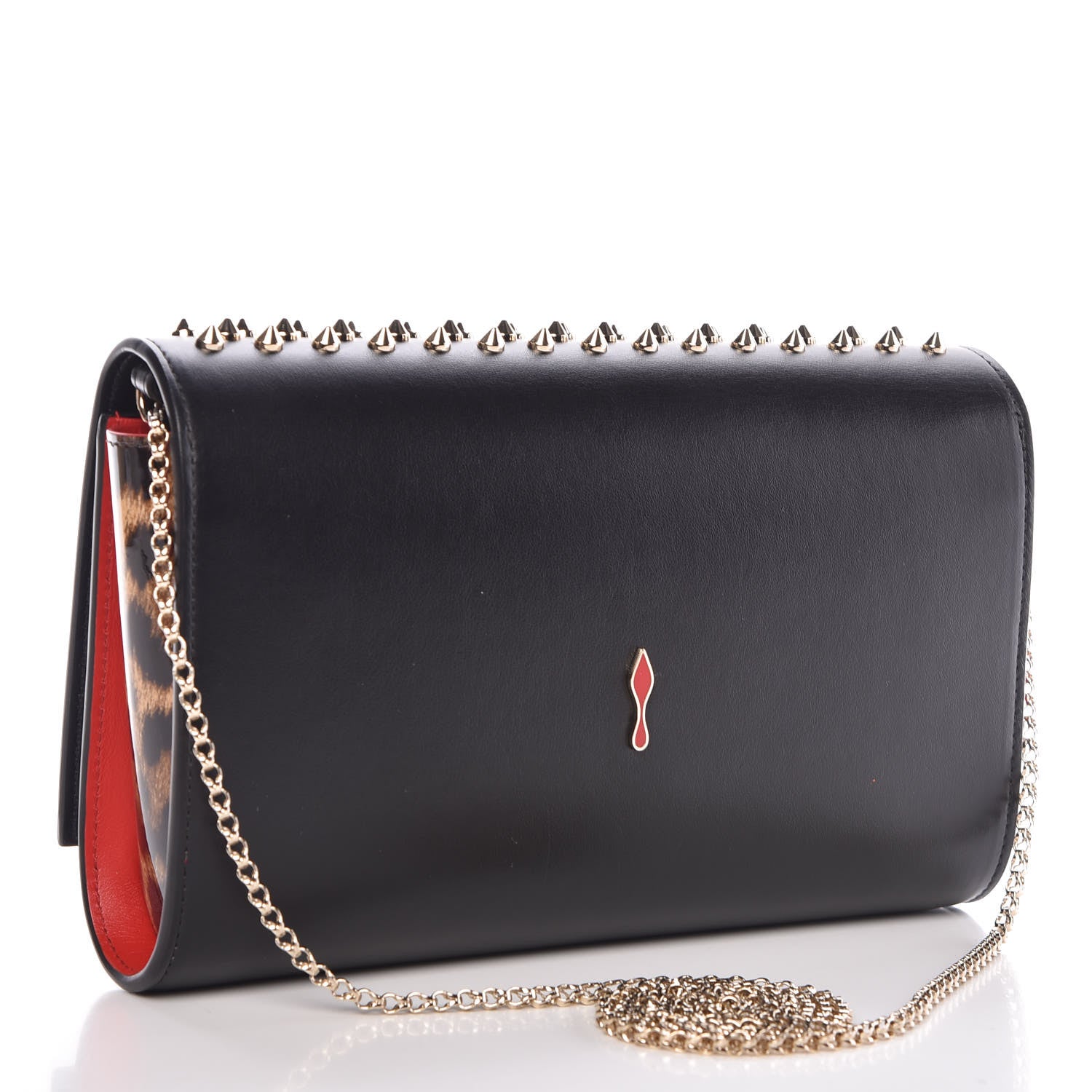 Christian Louboutin Calfskin Patent Leopard Spikes Paloma Clutch Black 3 of 10