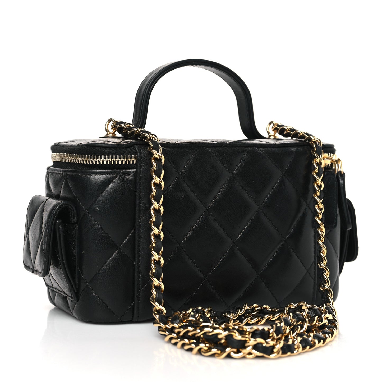 Lambskin Quilted Polly Pocket East West Top Vanity With Chain Black