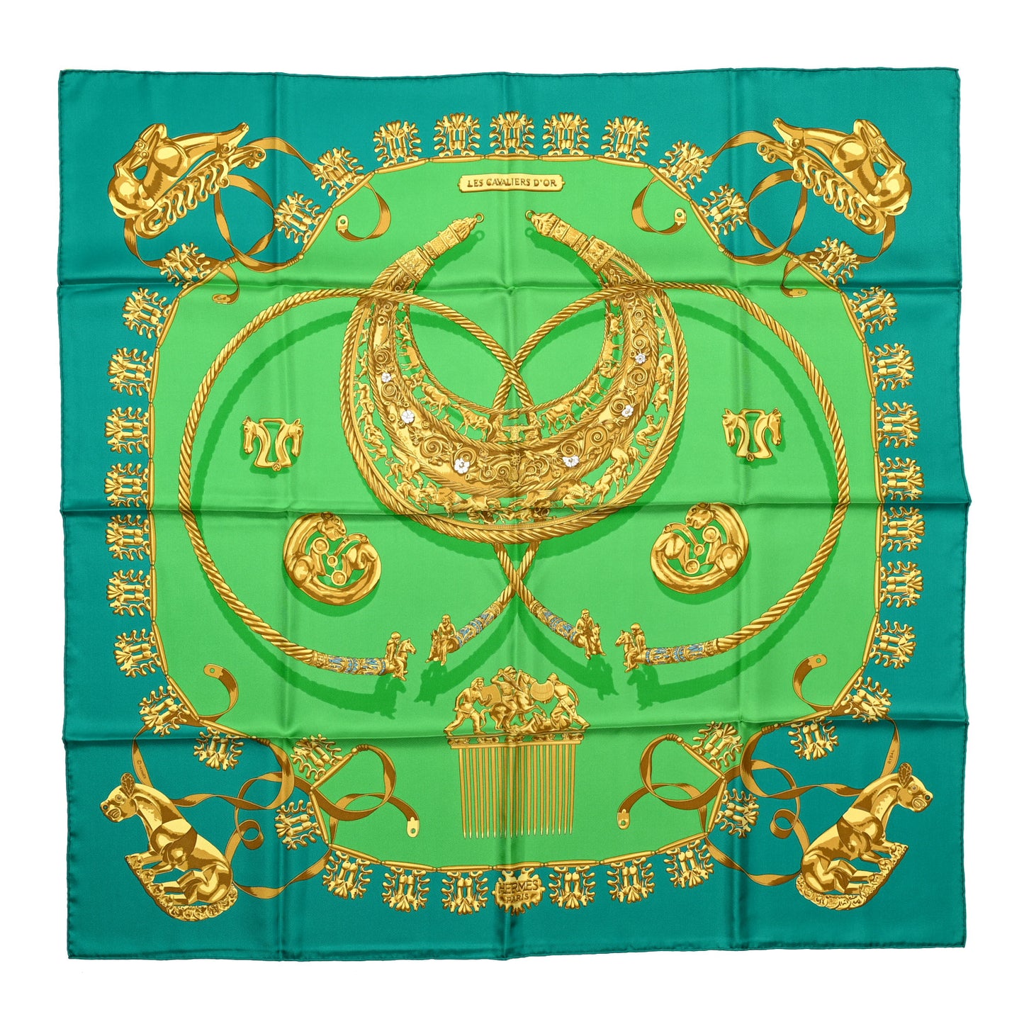 Silk Mousseline Les Cavaliers D'Or Scarf Vert Emeraude Vert Vieil