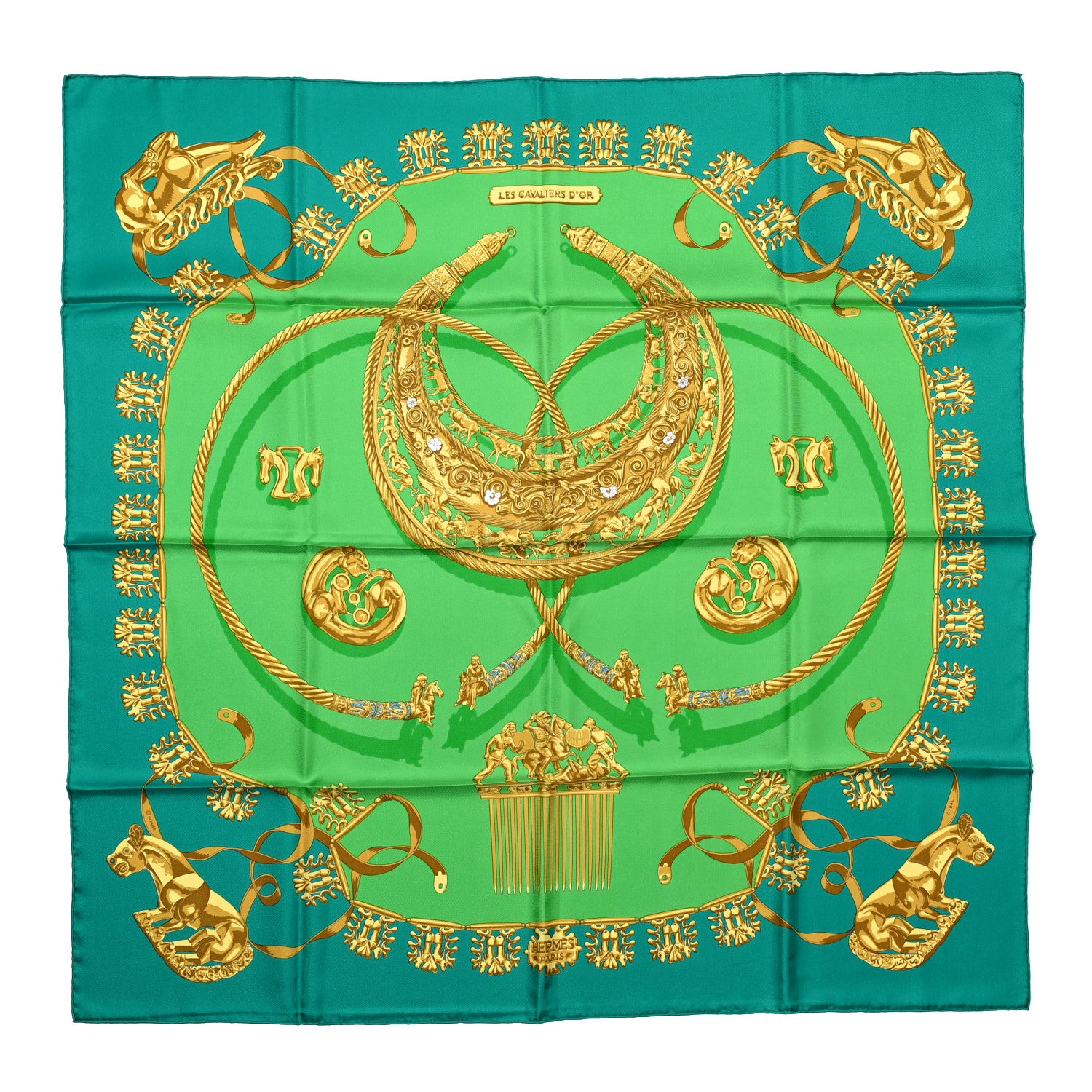 Hermes Silk Mousseline Les Cavaliers D'Or Scarf Vert Emeraude Vert Vieil 1 of 5