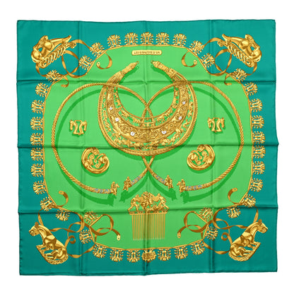 Hermes Silk Mousseline Les Cavaliers D'Or Scarf Vert Emeraude Vert Vieil 1 of 5