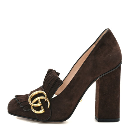 Gucci Kid Scamosciato GG Marmont Fringe 105mm Loafer Pumps 34 Cocoa 1 of 8