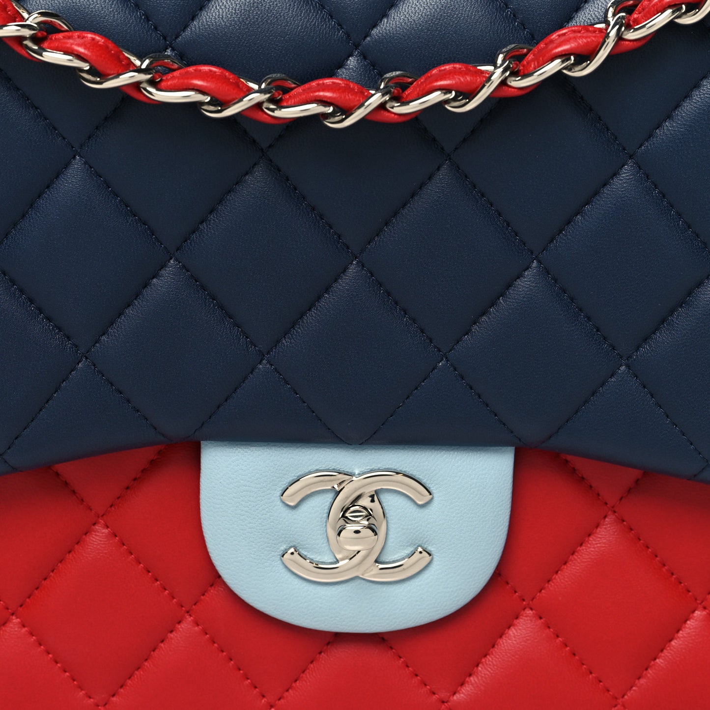 Lambskin Quilted Jumbo Tri-Color Double Flap Navy Blue Red