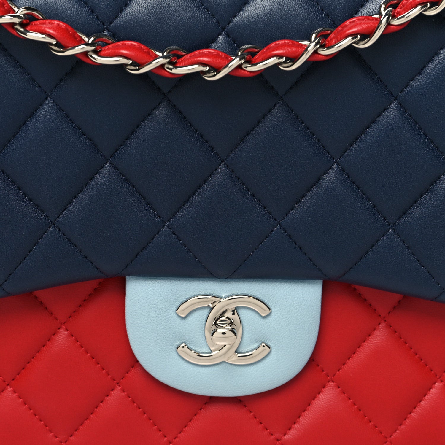 Chanel Lambskin Quilted Jumbo Tri-Color Double Flap Navy Blue Red 8 of 10