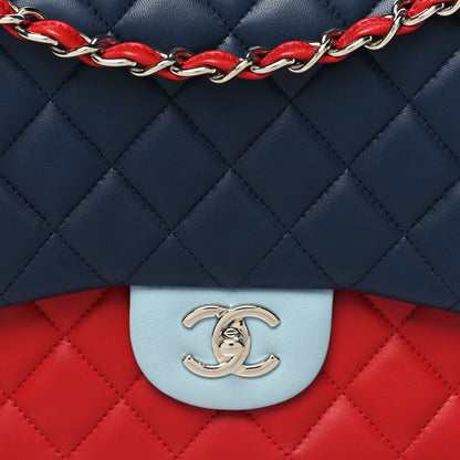 Chanel Lambskin Quilted Jumbo Tri-Color Double Flap Navy Blue Red 8 of 10