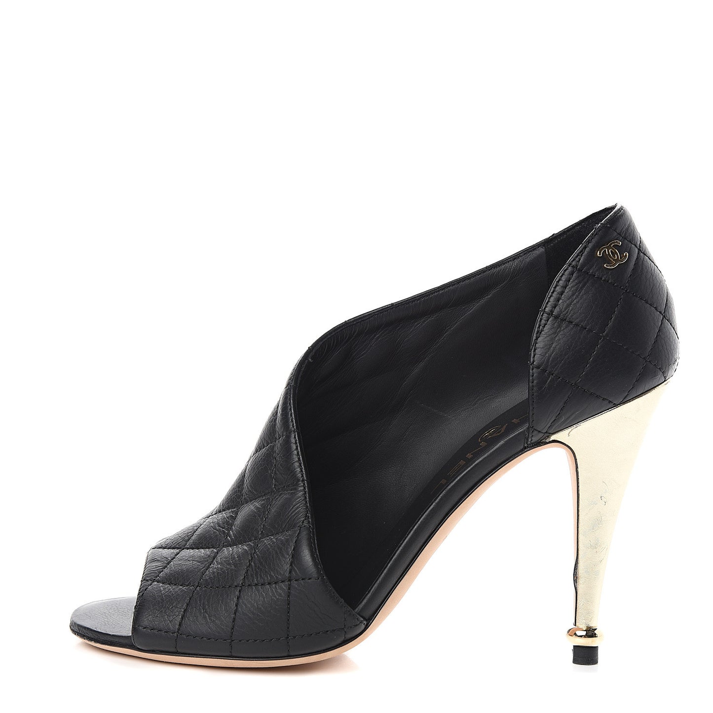 Calfskin Quilted Peep Toe Pumps 37.5 Black