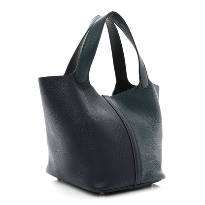 Hermes Taurillon Clemence Casaque Picotin Lock 22 MM Vert Cypres Bleu Nuit Black 3 of 12