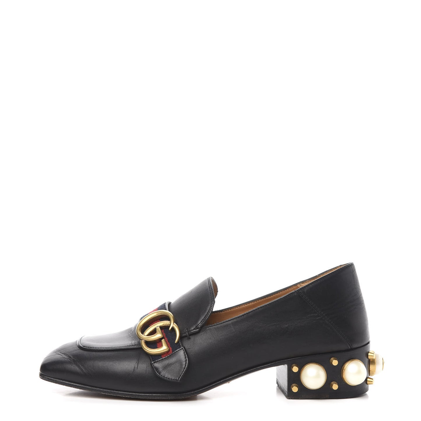 Betis Glamour Calfskin Web Pearl Embellished Peyton 35mm Loafer Pumps 37.5 Black