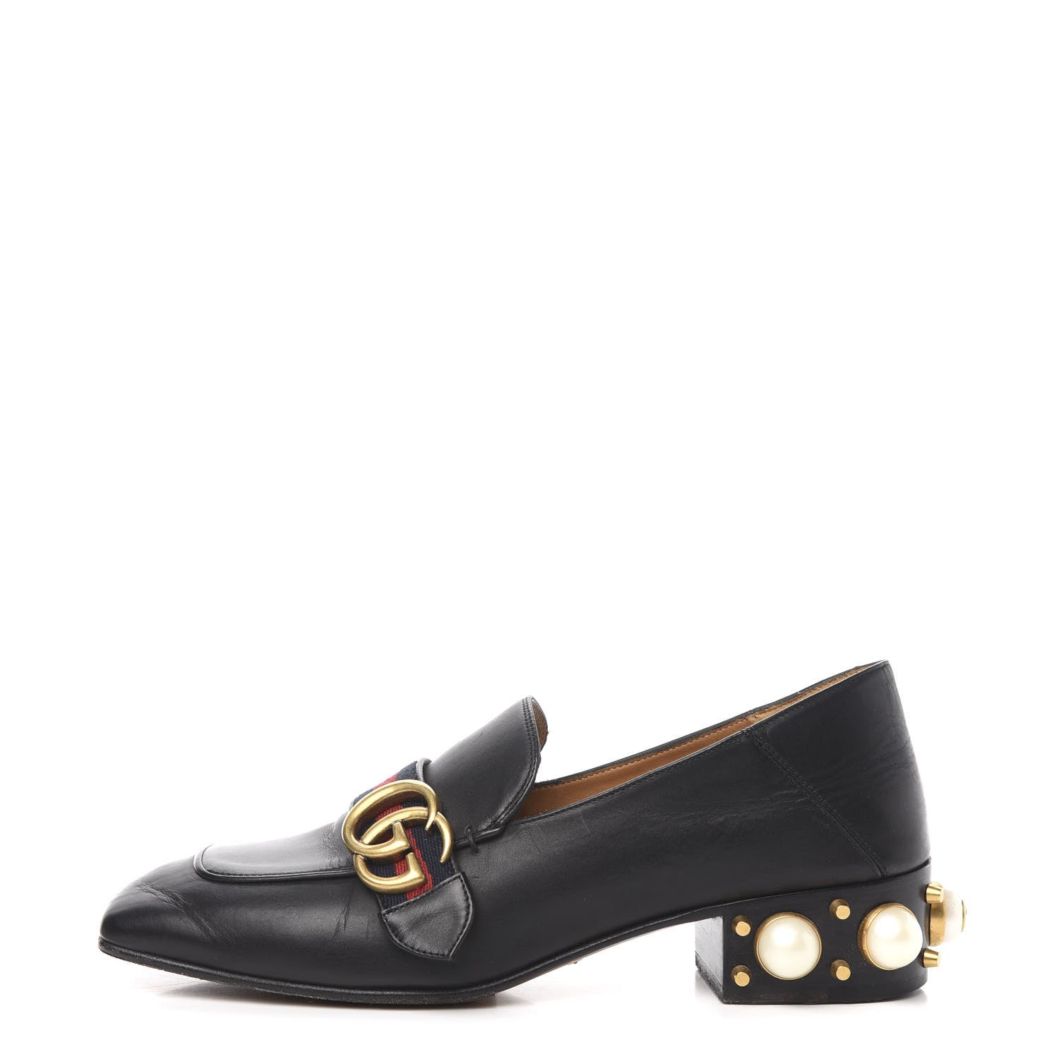 Gucci Betis Glamour Calfskin Web Pearl Embellished Peyton 35mm Loafer Pumps 37.5 Black 1 of 8