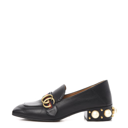 Gucci Betis Glamour Calfskin Web Pearl Embellished Peyton 35mm Loafer Pumps 37.5 Black 1 of 8