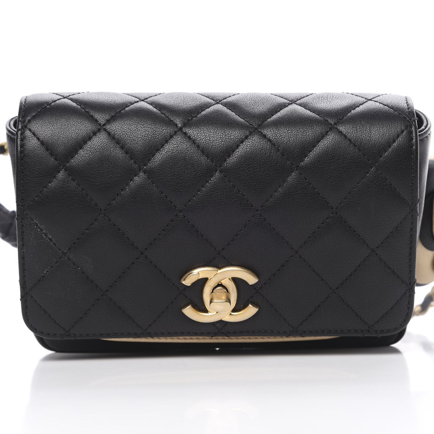 Lambskin Quilted Camellia Flower Waist Flap Black