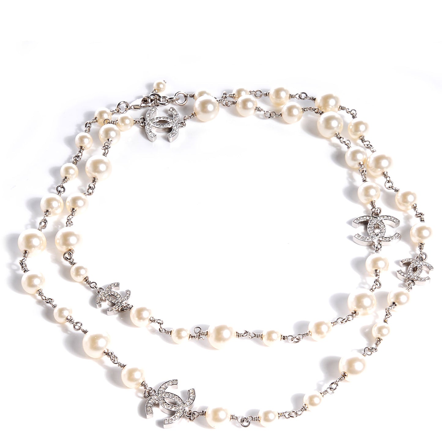 Crystal Pearl CC Long Necklace Silver