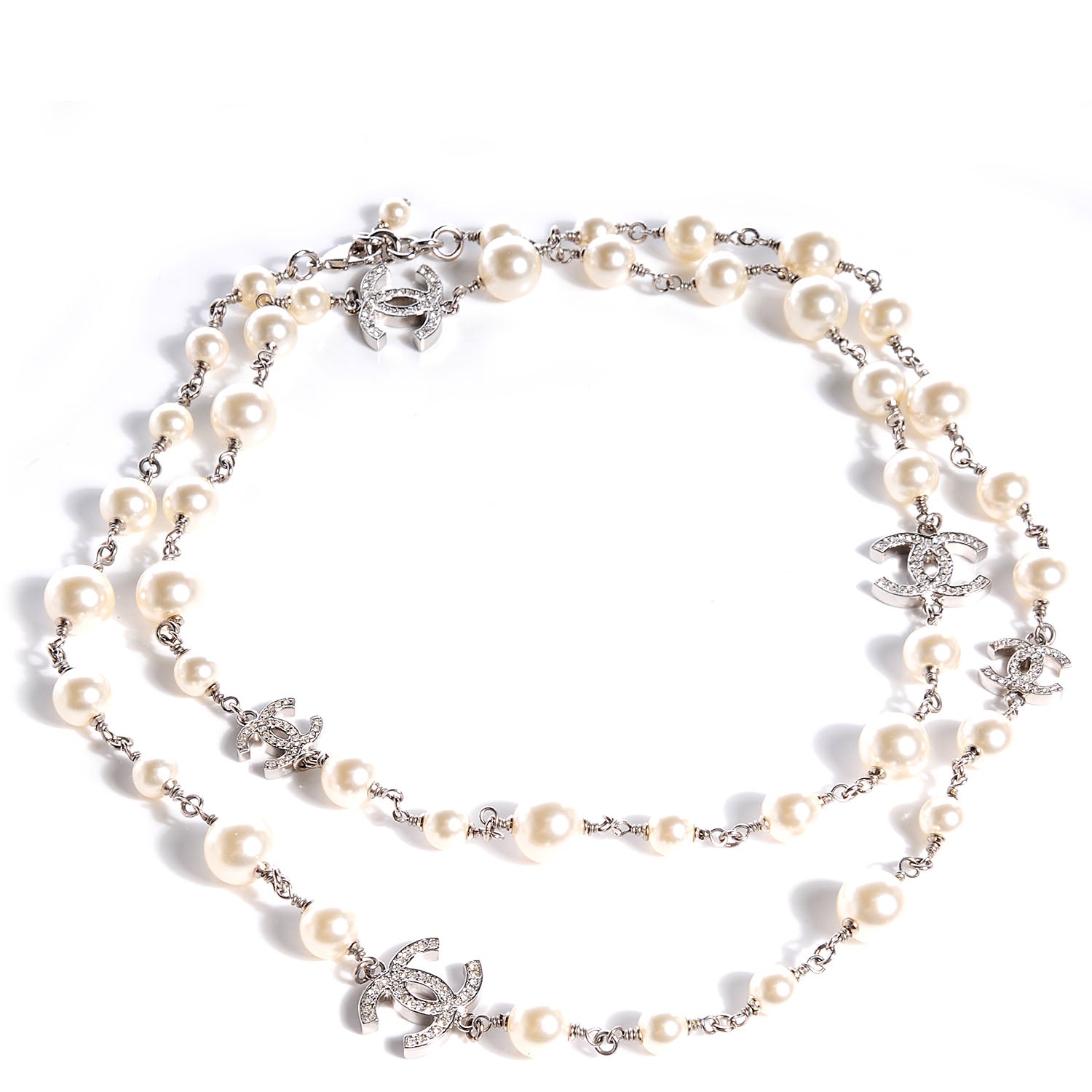 Chanel Crystal Pearl CC Long Necklace Silver 1 of 5