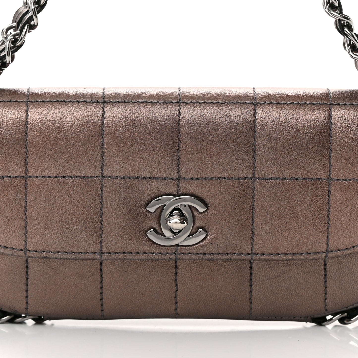 Metallic Lambskin Quilted Chocolate Bar 3 Chain Flap Bronze