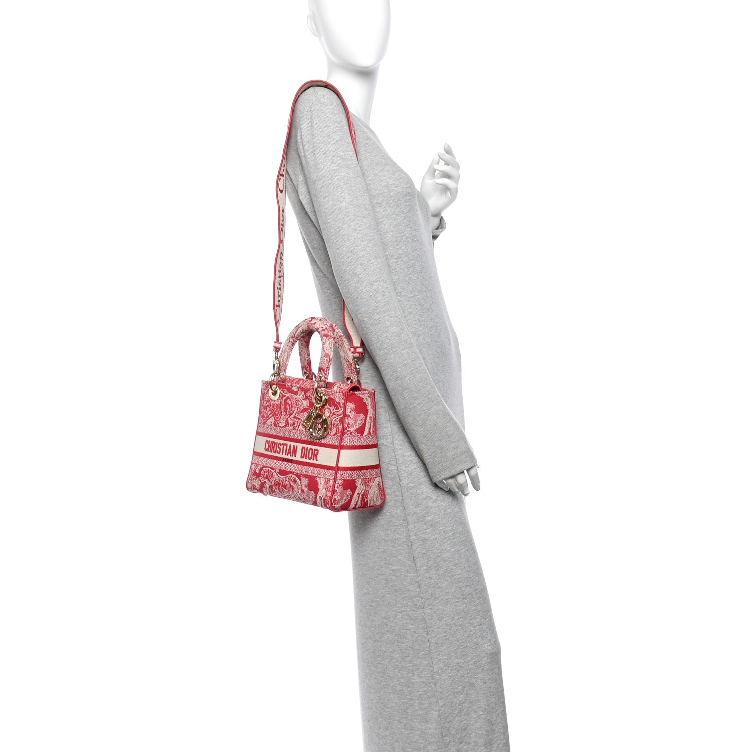 Christian Dior Canvas Toile De Jouy Reverse Embroidered Medium Lady D-Lite Red 2 of 11