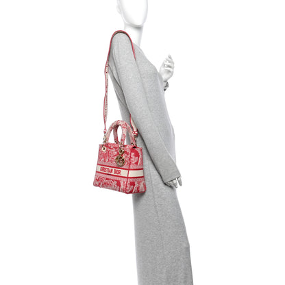 Christian Dior Canvas Toile De Jouy Reverse Embroidered Medium Lady D-Lite Red 2 of 11