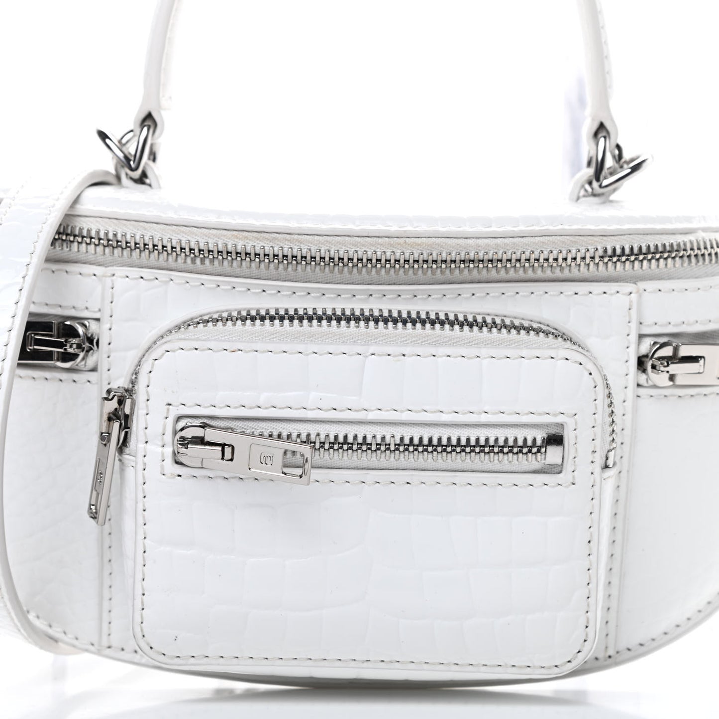 Crocodile Embossed Patent Mini Top Handle Attica Belt Bag White