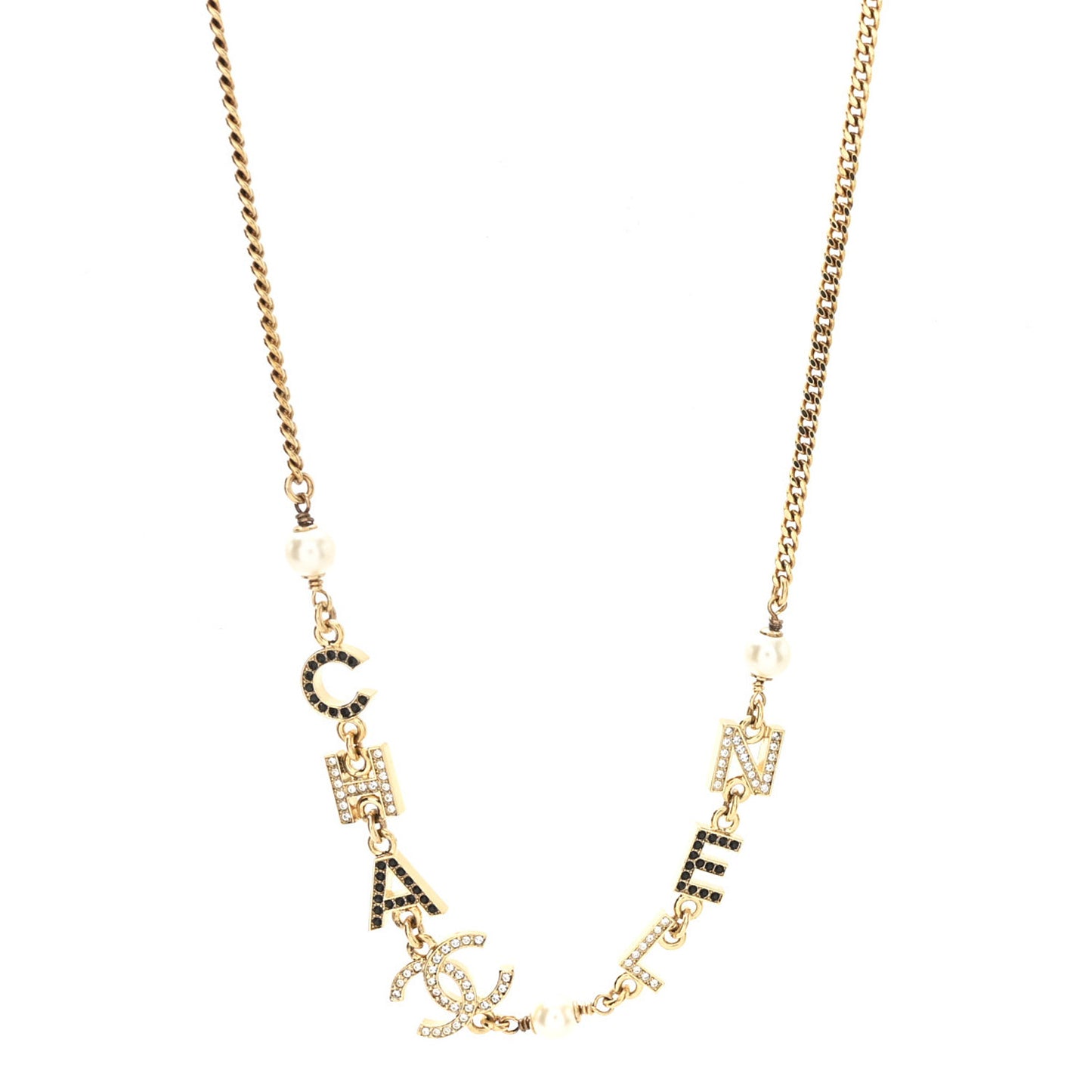 Crystal Pearl Logo CC Necklace Gold