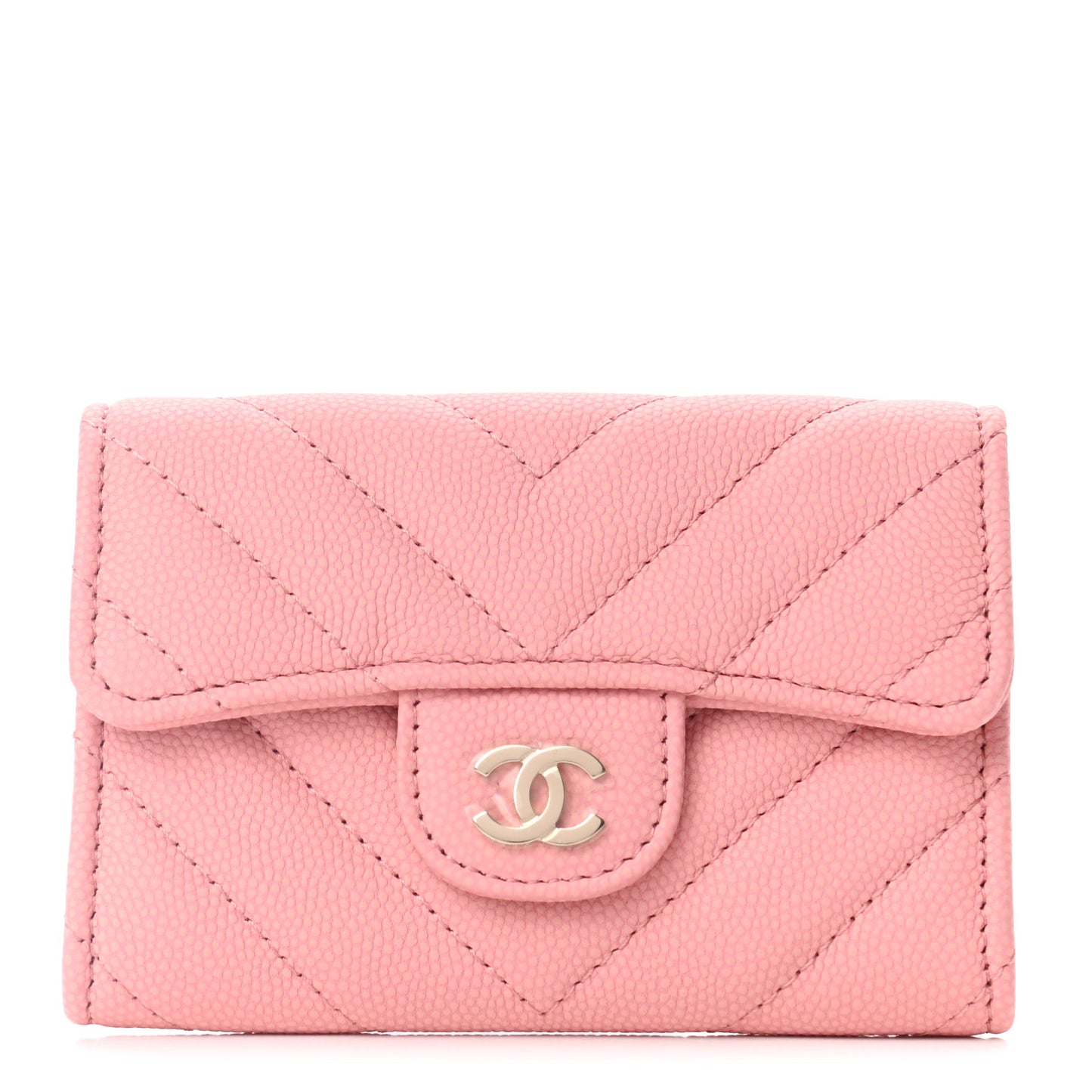 Caviar Flat Chevron Quilted Flap Card Holder Pink