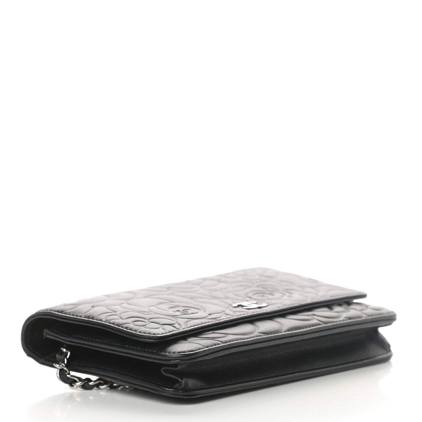 Lambskin Camellia Embossed Wallet on Chain WOC Black