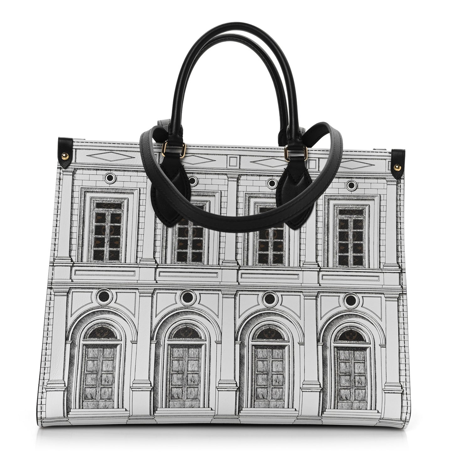 X FORNASETTI Calfskin Architettura Onthego MM Black White
