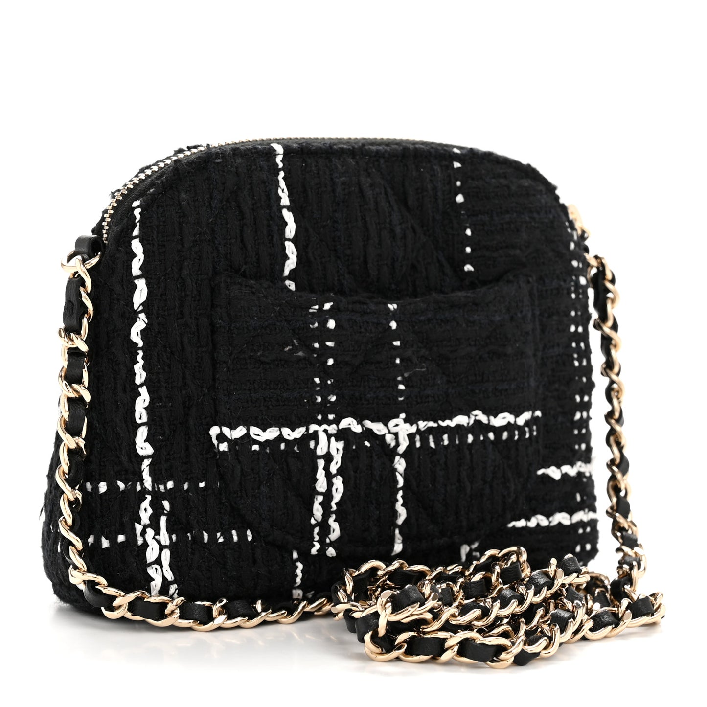 Tweed Quilted Mini Clutch With Chain Black White