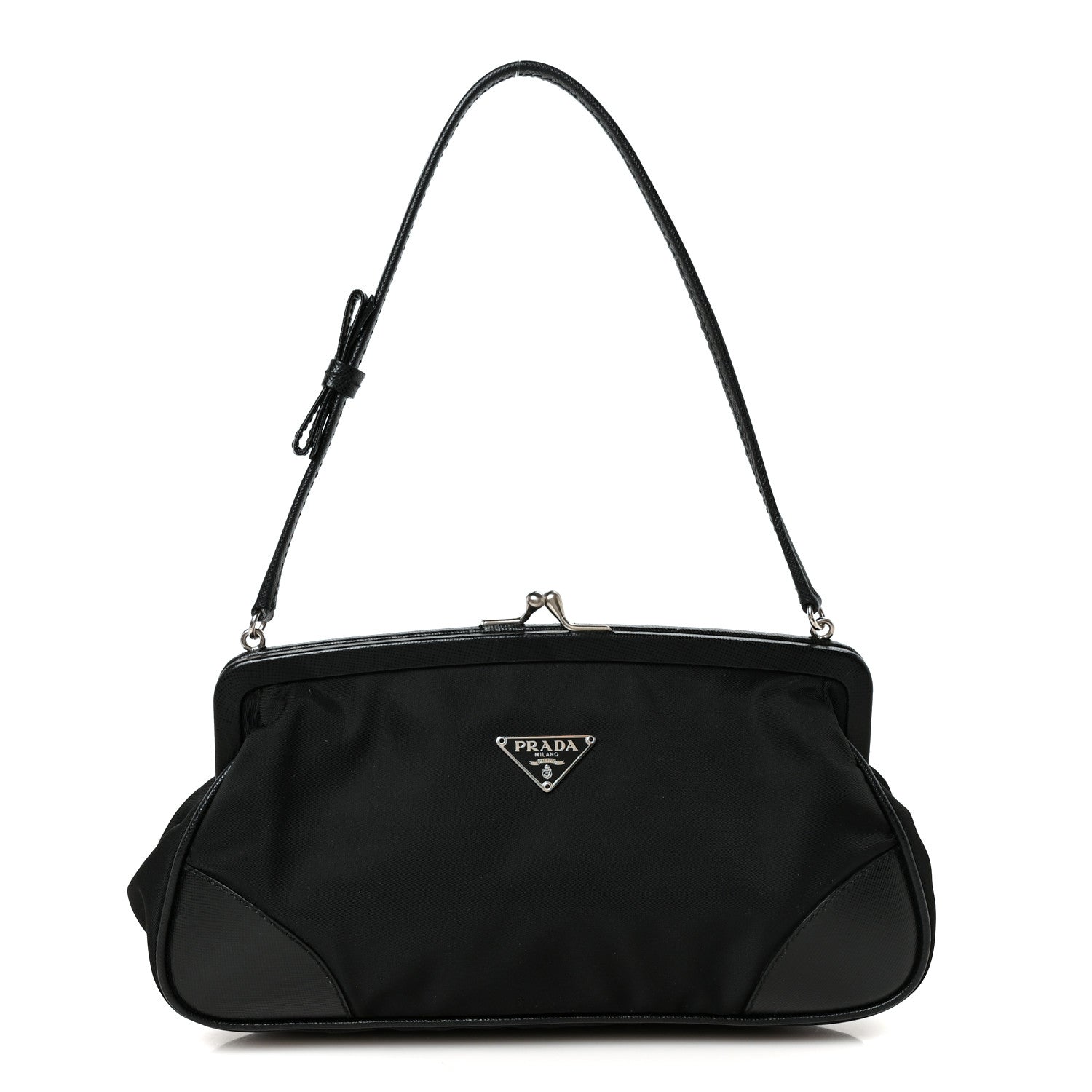 Prada Tessuto Nylon Saffiano Kisslock Shoulder Bag Black 1 of 10