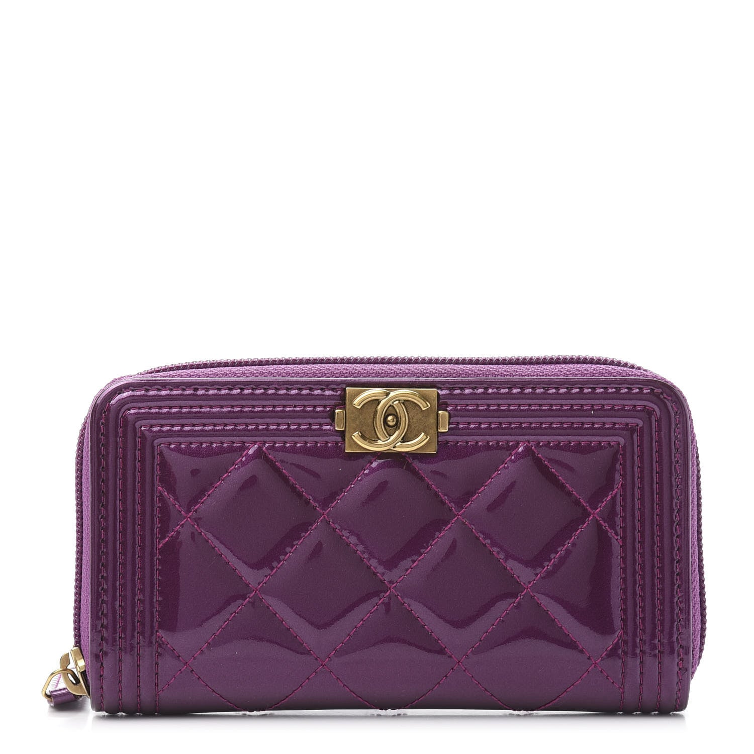 Chanel Patent Quilted Small Boy Zip Around Wallet Purple 1 of 9