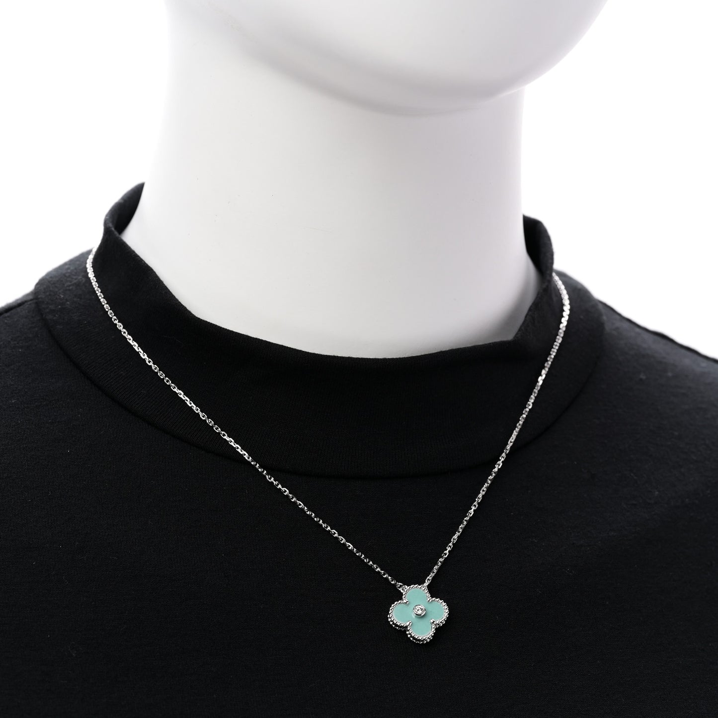 18K White Gold Diamond Celadon Green Sevres Porcelain Vintage Alhambra Pendant Necklace