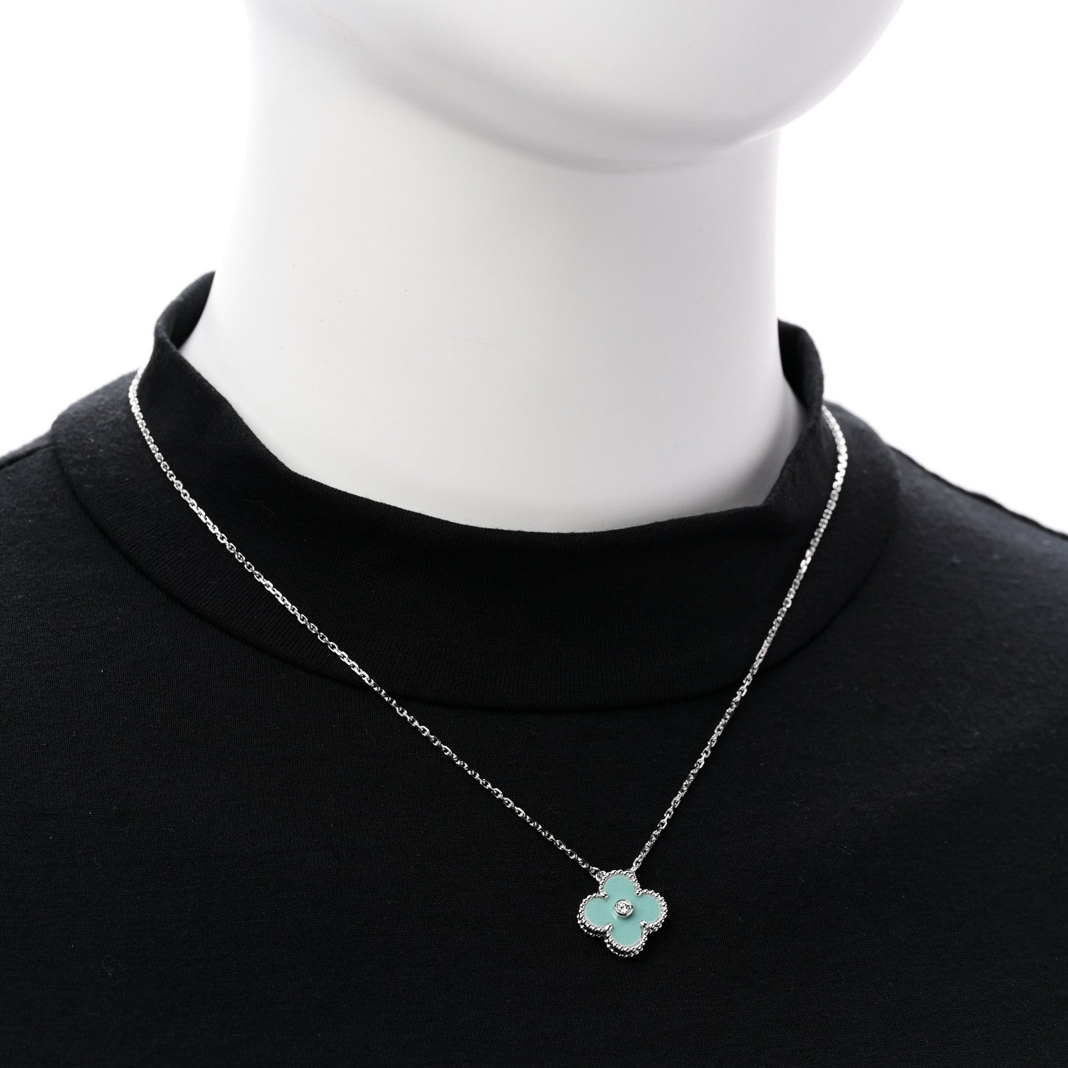 Van Cleef & Arpels 18K White Gold Diamond Celadon Green Sevres Porcelain Vintage Alhambra Pendant Necklace 2 of 7
