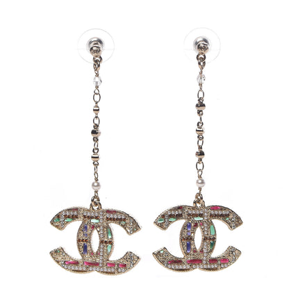Chanel Pearl Crystal CC Tweed Drop Earrings Gold Brown Green 1 of 4