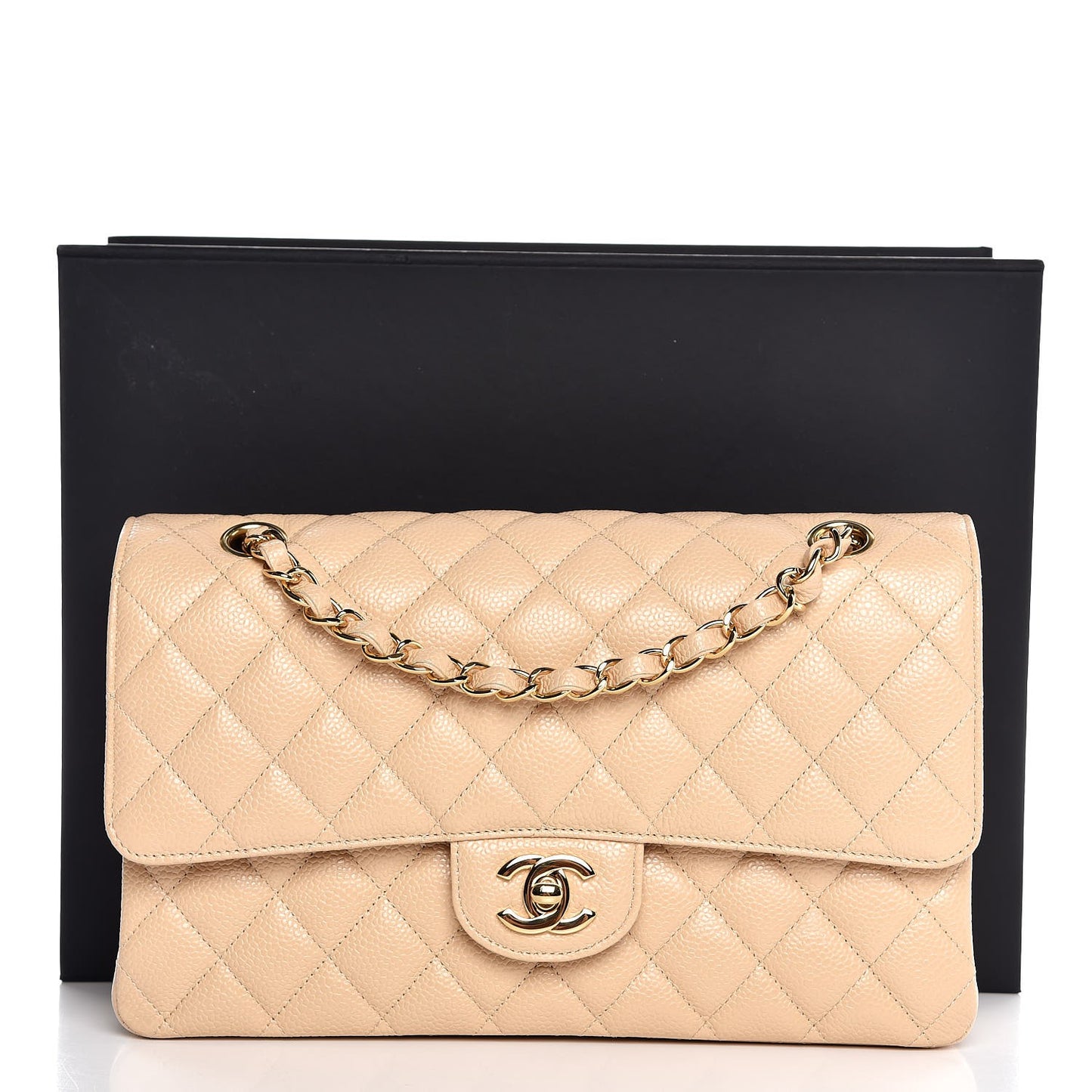 Caviar Quilted Medium Double Flap Light Beige