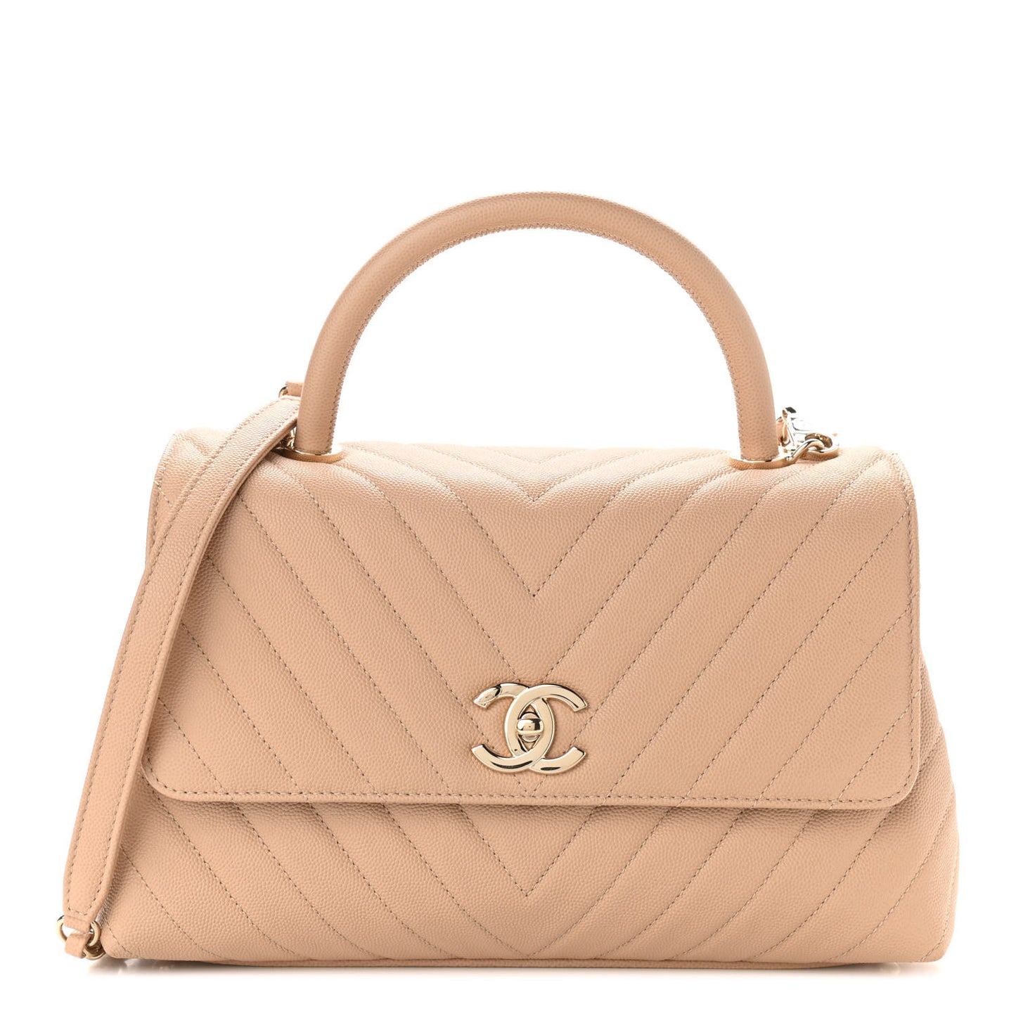 Caviar Chevron Quilted Small Coco Handle Flap Beige
