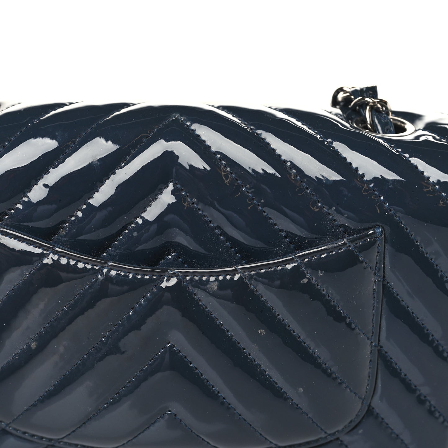 Patent Calfskin Chevron Quilted Mini Rectangular Flap Navy Blue