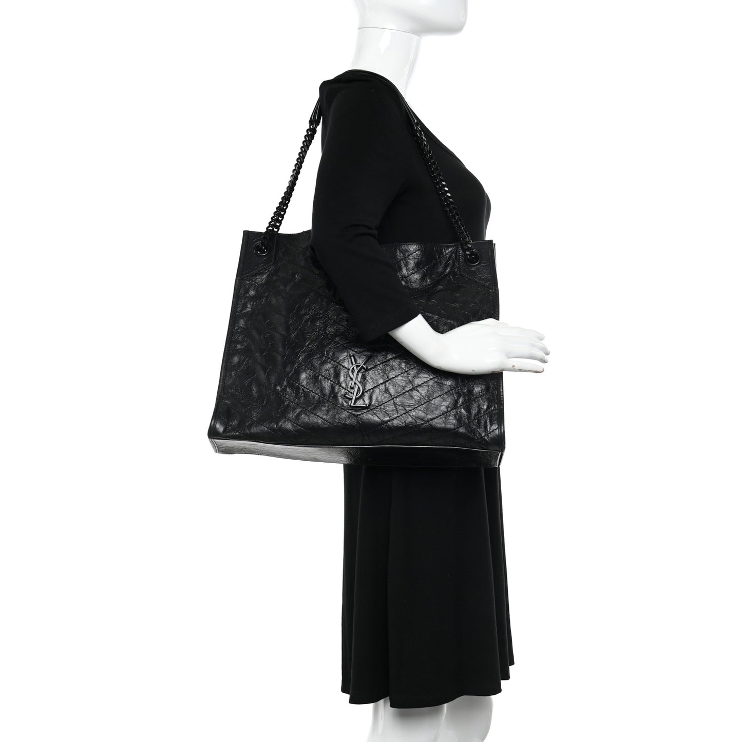 Crinkled Calfskin Matelasse Monogram Large Niki Shopper Tote Black