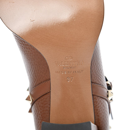 Valentino Garavani Pebbled Calfskin Rockstud Double Buckle 70mm Block Heel Ankle Boots 37 Tobacco 7 of 9