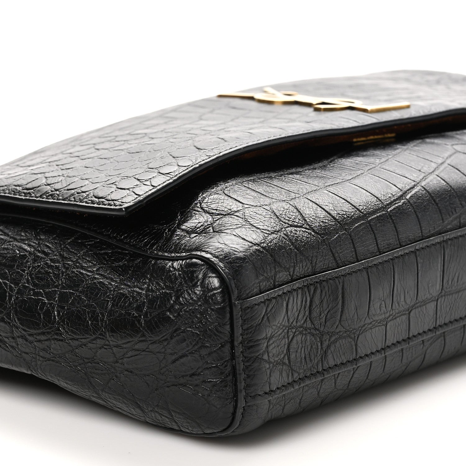 Saint Laurent Calfskin Crocodile Embossed Suede Medium Reversible Monogram Kate Satchel Military Taupe 9 of 11