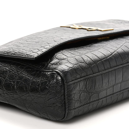 Saint Laurent Calfskin Crocodile Embossed Suede Medium Reversible Monogram Kate Satchel Military Taupe 9 of 11