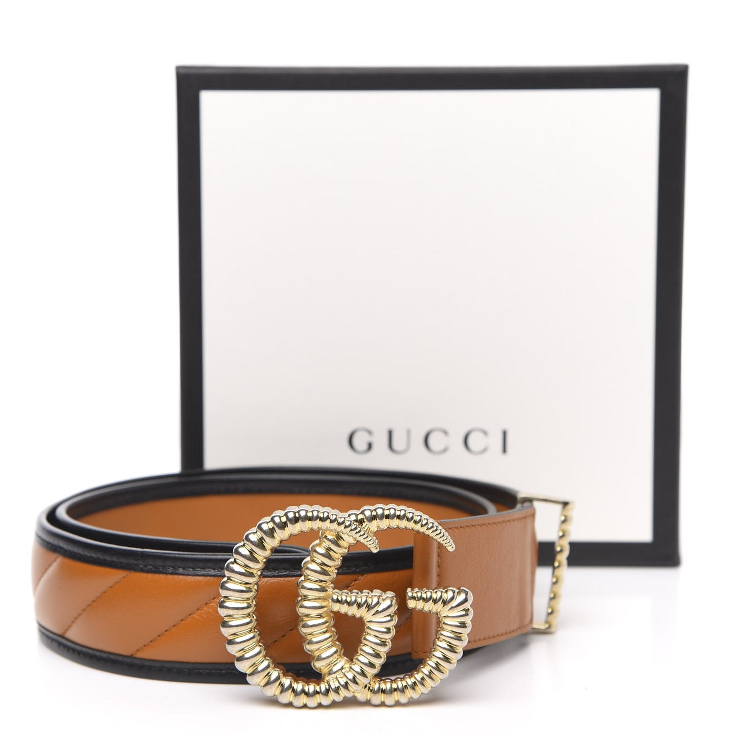Azalea Calfskin Matelasse Diagonal Torchon Double G 40mm Belt 85 34 Cognac Black