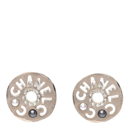 Chanel Crystal Pearl Papyrus Stud Earrings Gold Grey 1 of 5