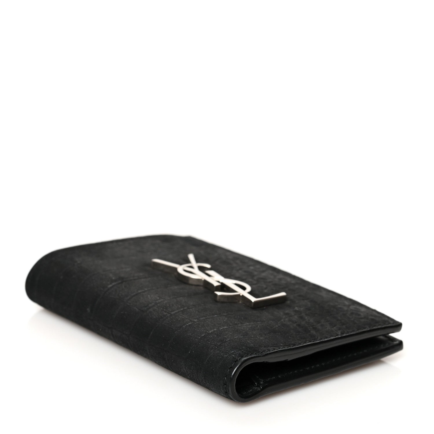 Saint Laurent Calfskin Crocodile Embossed Monogram Credit Card Wallet Black 4 of 8