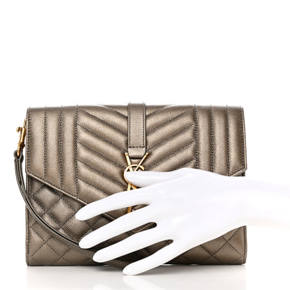 Saint Laurent Grain De Poudre Textured Mixed Matelasse Triquilt Monogram Clutch Piombo 2 of 8